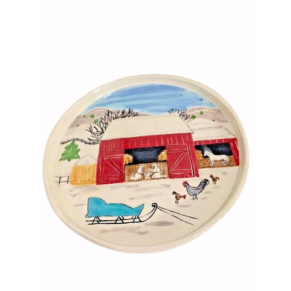 Vtg Ceramic Round Tray 7" Hand Painted Nativity Country Christmas Barn 55 Signed - Picture 1 of 9
